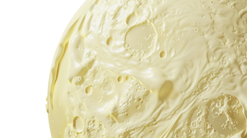 A intricately cratered circular moon sculpted from melting butter on the transparent background, Format png