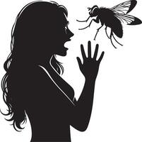 Silhouette of woman who cry at fly on white background. Symbol of fear of insect vector