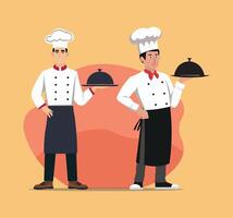 Flat design illustration of a couple restaurant chef in uniform standing front view ready to serve a meal. vector
