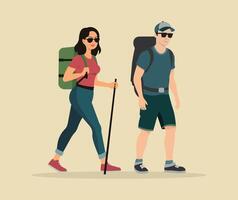 Flat design of a couple characters trekking in mountains and enjoying the outdoor activity together vector