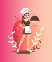 Flat design illustration of a restaurant female chef in uniform standing front view ready to serve a meal vector
