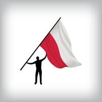 A man holds the flag of POLAND in the air. National day realistic flag illustration. vector