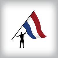 A man holds the flag of NETHERLANDS in the air. National day realistic flag illustration. vector