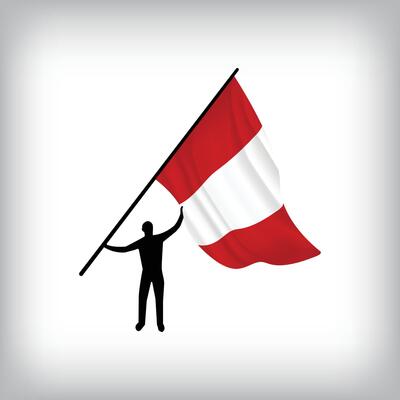 A man holds the flag of PERU in the air. National day realistic flag illustration