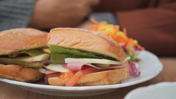 Enjoy an appetizing and nutritious veggie sandwich served with fries and salad on a plate video