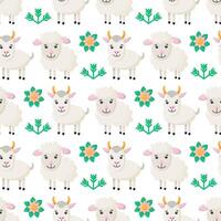 Seamless pattern with stylized farm animals and flowers. background with goat and sheep. vector