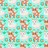 Seamless pattern with stylized farm animals and flowers. background with goat and cow. vector