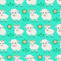 Seamless pattern with stylized farm animals and flowers. background with goat and sheep. vector