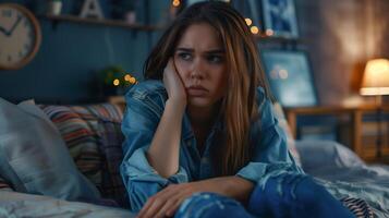 A young woman sitting on her bed at night and unable to sleep photo