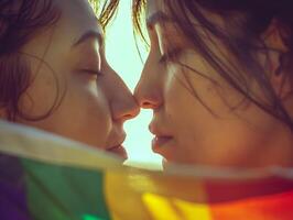 Lesbian couple sharing a nose kiss, a gesture of their deep affection. Closeup view photo