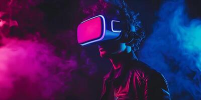Handsome, young man wearing modern VR headset and experiencing metaverse photo