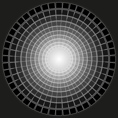 Abstract round monochrome pattern in the form of stripes and squares arranged in a circle on a gray background