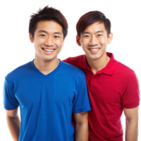 dos asiático hombres sonriente juntos en casual atuendo en transparente antecedentes png