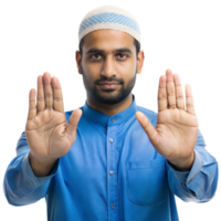 ung muslim man bär blå skjorta och vit keps gestikulerar sluta med både händer png