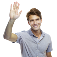Smiling Man Waving Hello With Right Hand, Isolated on Transparent Background png