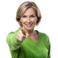 Smiling Woman Pointing Finger at Camera With Green Sweater png
