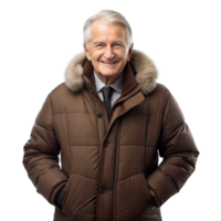 senior man bär brun vinter- jacka med päls huva png