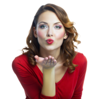 donna soffiaggio un' bacio nel rosso camicia con trucco e Riccio capelli png