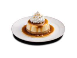 Flan with caramel sauce and whipped cream png