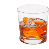 Whiskey in glass with ice - close-up view on transparent background. png