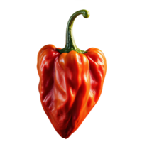 A close-up shot of a fiery red habanero pepper, showcasing its wrinkled skin and vibrant color, png