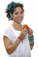 smiling Brazilian model with typical snack in hands on neutral background png