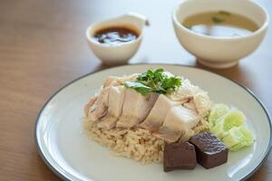 Closed up Singapore chicken rice with salted soya beans sauce and soup photo