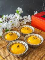 Top view Chinese pastry salted egg, traditional dessert flour and bean photo