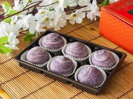 Homemade Chinese pastry cake, stuffed bean and taro in packaging in cafe photo