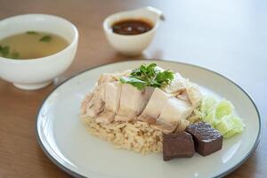 Hainanese Chicken rice with salted soya beans sauce and soup photo