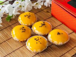 Closed up Chinese pastry moon cake, salted egg lava, traditional desert photo