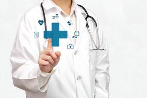 Hand of doctor touching icon digital healthcare on modern interface. Health care and modern medical services concept. photo