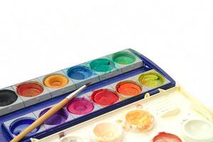 Dried palette and brush on white background. Learning and paintings art concept. photo