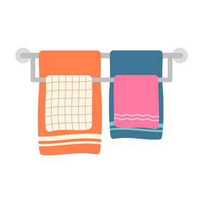 Towels. Cartoon terry cloth hanging on holder, rolled napkin and handkerchief in stack. Kitchen or bathroom hygienic fluffy fabric for wiping. Colorful domestic dishtowel. textile toiletry.