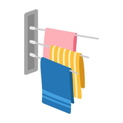 Towels. Cartoon terry cloth hanging on holder, rolled napkin and handkerchief in stack. Kitchen or bathroom hygienic fluffy fabric for wiping. Colorful domestic dishtowel. textile toiletry.