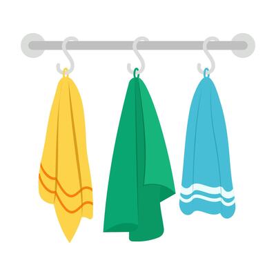 Towels. Cartoon terry cloth hanging on holder, rolled napkin and handkerchief in stack. Kitchen or bathroom hygienic fluffy fabric for wiping. Colorful domestic dishtowel. textile toiletry.