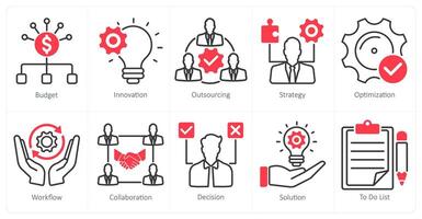 A set of 10 project management icons as budget, innovation, outsourcing vector