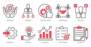 A set of 10 project management icons as workflow, manager, implementation vector