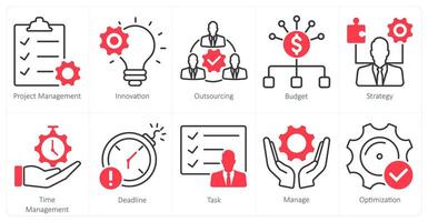 A set of 10 project management icons as project management, innovation, outsourcing vector