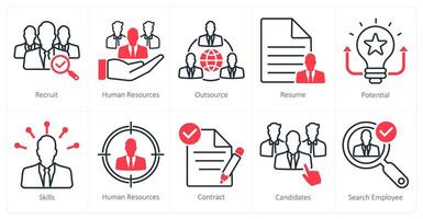 A set of 10 recruitment icons as recruit, human resources, outsource vector