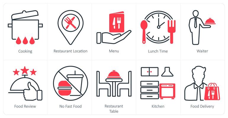 A set of 10 restaurant icons as cooking, restaurant location, menu