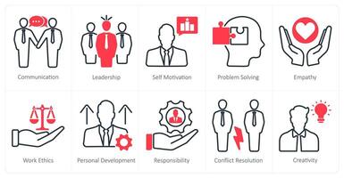 A set of 10 soft skills icons as communication, leadership, self motivation vector