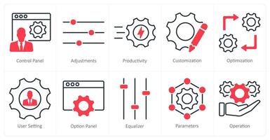 A set of 10 settings and configuration icons as control panel, adjustments, productivity vector