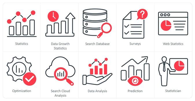 A set of 10 statistics icons as statistics, data growth statistics, search database vector