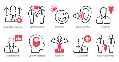 A set of 10 soft skills icons as personal development, communication, optimism vector