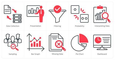 A set of 10 statistics icons as data collection, presentation, filtering vector