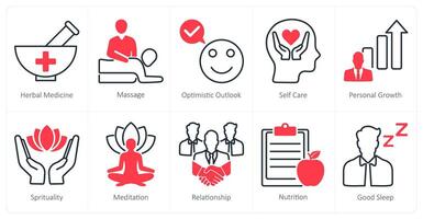 A set of 10 wellness icons as herbal medicine, massage, optimistic outlook vector