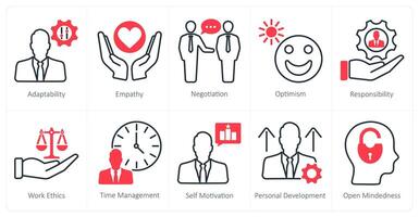 A set of 10 soft skills icons as adaptability, empathy, negotiation vector