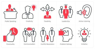 A set of 10 soft skills icons as public speaking, creativity, flexibility vector