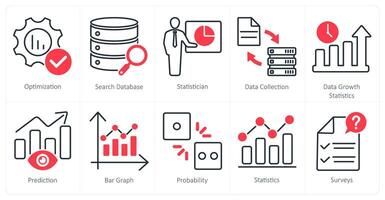A set of 10 statistics icons as optimization, search database, statistician vector